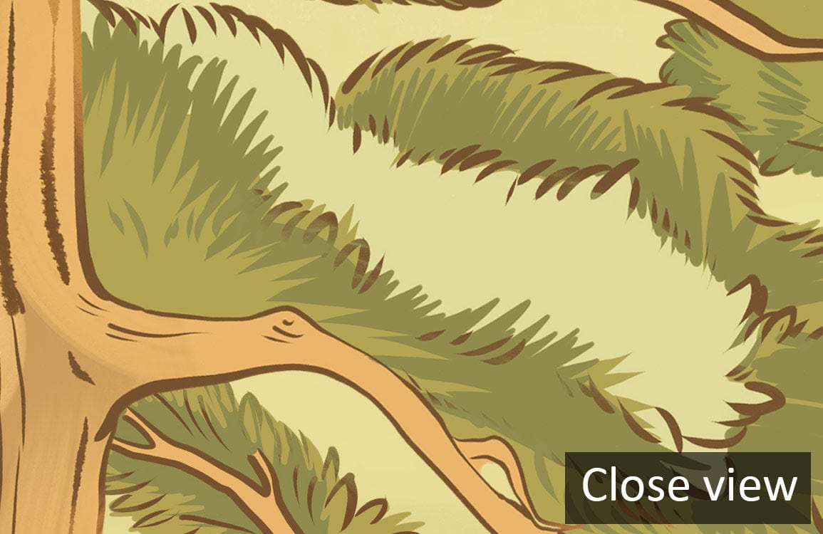 Close-up of Tranquil Green Forest Scene Wallpaper; serene river landscape design details, nature-inspired art.