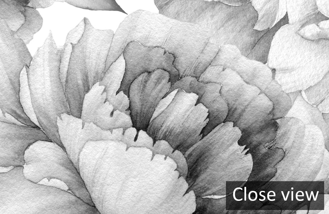 Close view of elegant monochrome floral pattern wallpaper in classic black and white design, floral detail.
