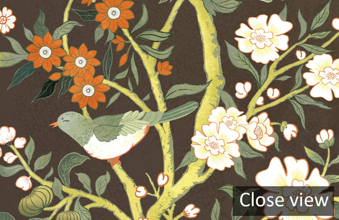 Close-up of vintage floral wallpaper with birds, dark earthy tones, Victorian style, intricate design.