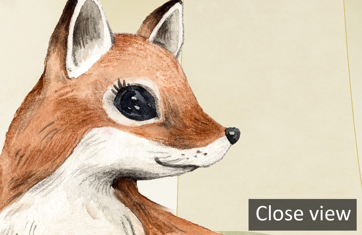 Close view of woodland fox in 'Enchanting Woodland Creatures Wall Mural' with forest theme.