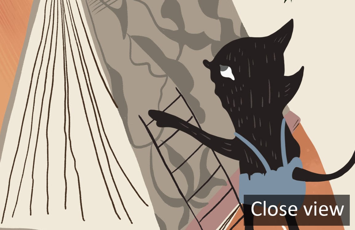 Close view of Whimsical Autumn Adventure Kids' Mural Wallpaper featuring cartoon cat, earthy colours.