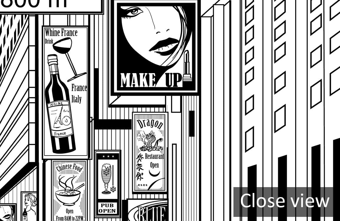 Monochrome urban cityscape mural wallpaper, detailed graphic design, ideal for modern and stylish interiors.