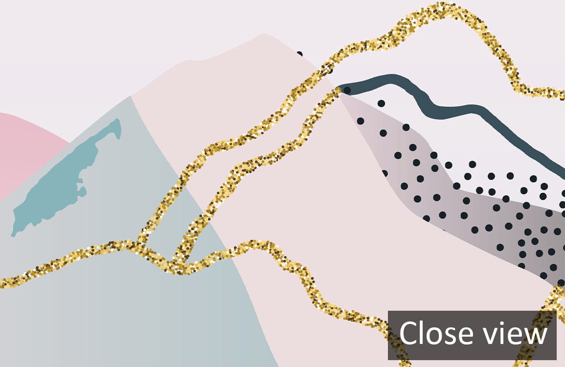Dreamy Pastel Abstract Mountain Mural Wallpaper with Gold Accents, pastel mountains, gold details.