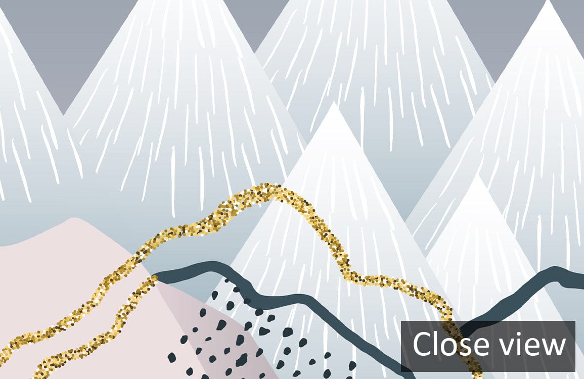Dreamy Mountain Landscape Mural Wallpaper in Pink and Blue Pastel Tones, geometric design, close up.
