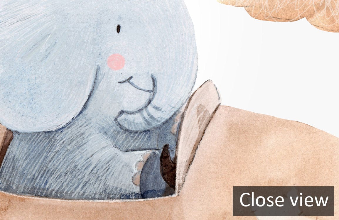 Close view of the elephant in Charming Adventure Pastel Skies Nursery Mural Wallpaper.