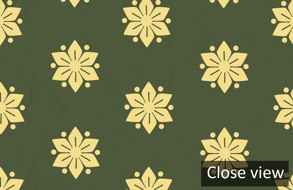 Vintage Olive Green Wallpaper with Floral Pattern for elegant interiors, close view; timeless home decor.