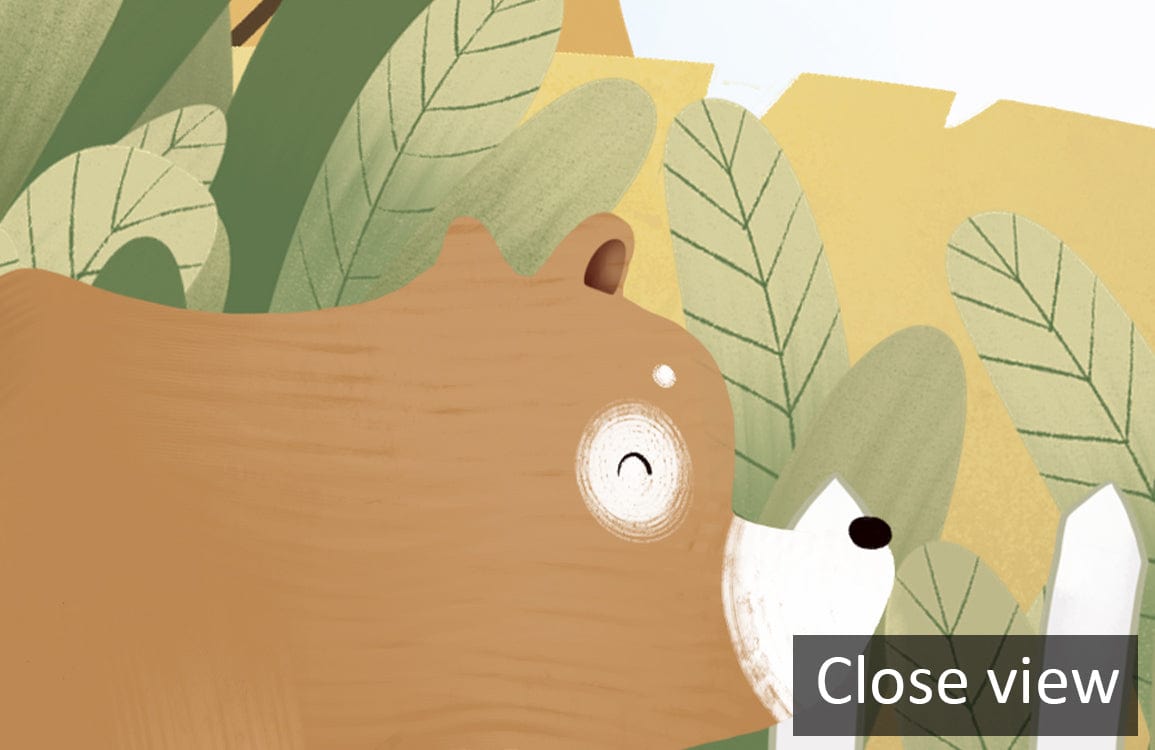 Close-up of Whimsical Woodland Animals Mural Wallpaper featuring a bear with leaves; nursery decor.