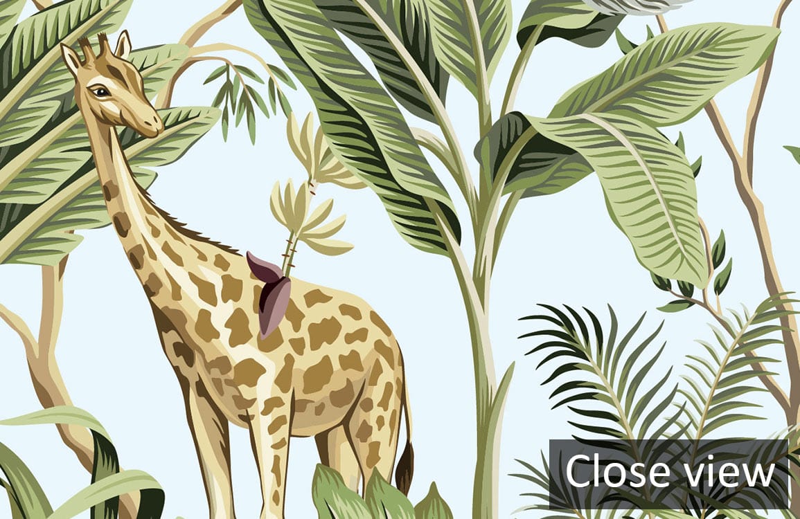 Close-up of Tropical Jungle Safari Animals Mural Wallpaper featuring giraffe, lush green botanical design.