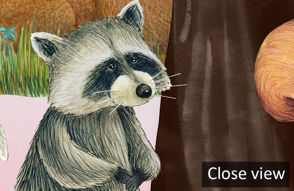 Whimsical forest creatures mural close-up; woodland wallpaper in pastel hues, raccoon illustration, artistic design.