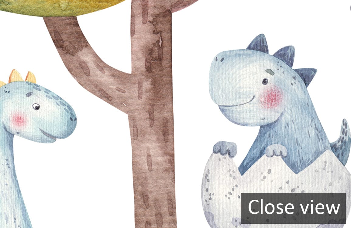 Whimsical Dinosaurs Mural Wallpaper close-up; playful watercolour design with blue and green dinosaurs.