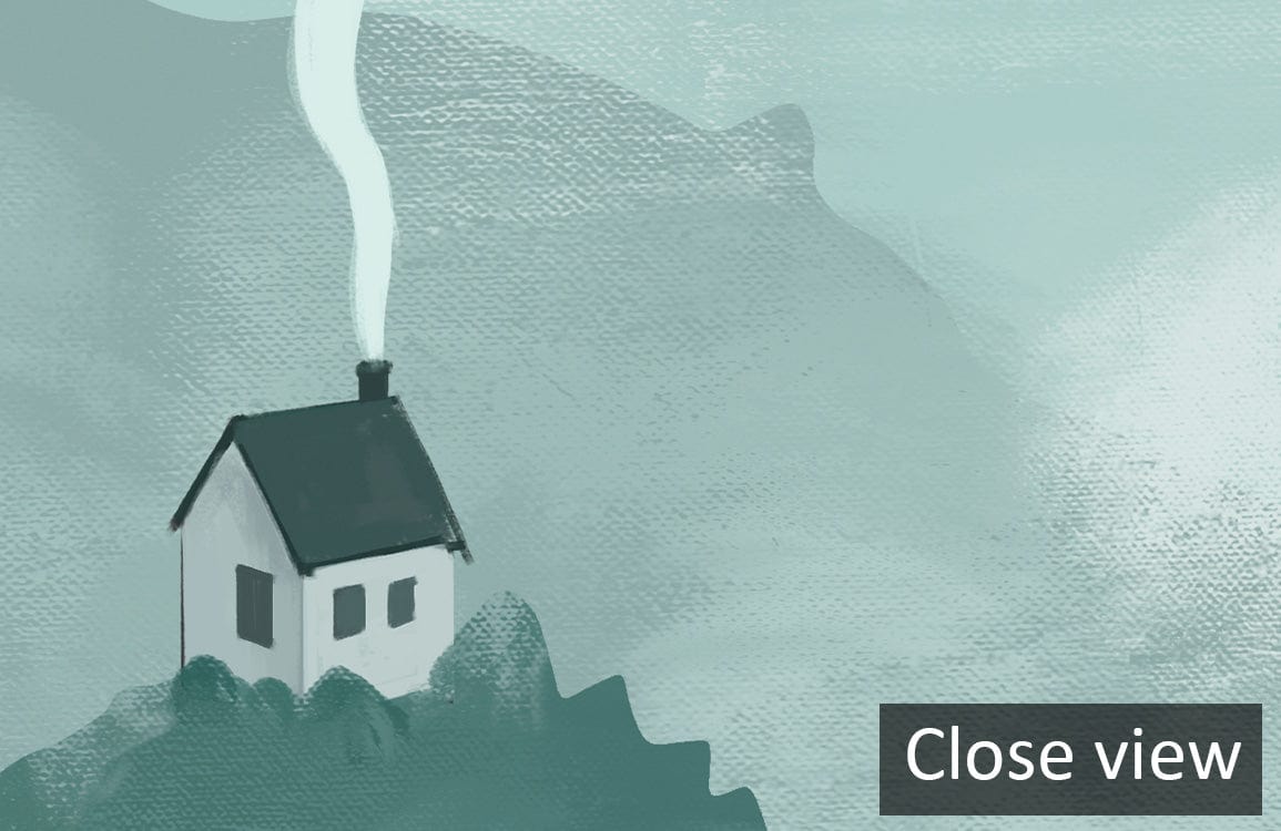 Tranquil Green Mountain Landscape Mural Wallpaper close view featuring a dreamy cottage scene.