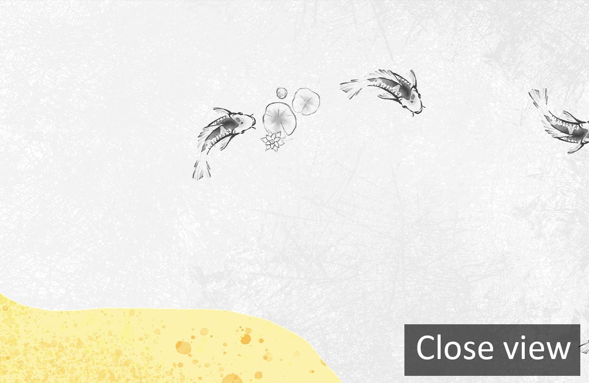 Abstract Mountain Landscape Mural Wallpaper in Yellow and Grey Tones with Minimalist Fish Illustration.