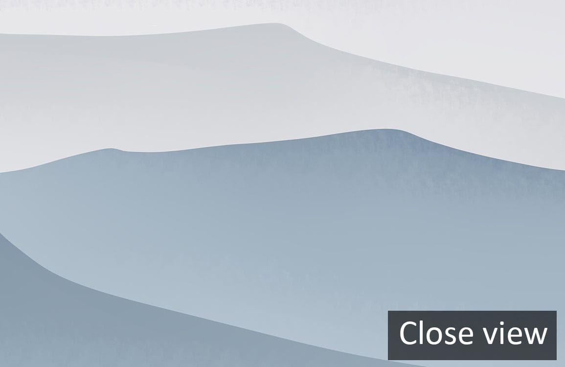 Serene Blue Grey Mountain Mist Wallpaper Mural D\écor, abstract design in subtle hues, detailed view.