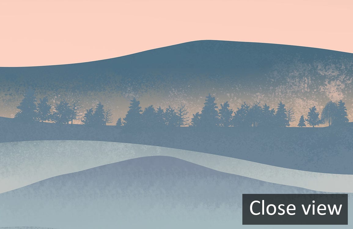 Tranquil Misty Mountain Wallpaper in pastel tones; soft hues create serene room ambiance. Close view.