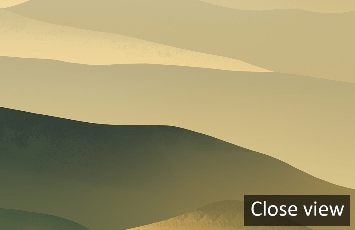 Golden Sunset Mountain Landscape Mural, serene earth tones; ideal for living room; close-up view.