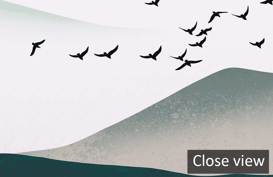 Close view of Serene Misty Mountains mural with tranquil green landscape design and birds in flight.