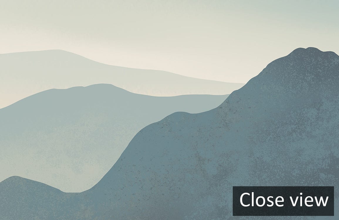 Serene Misty Blue Mountain Landscape Mural Wallpaper for tranquil interiors, close view, calming decor.