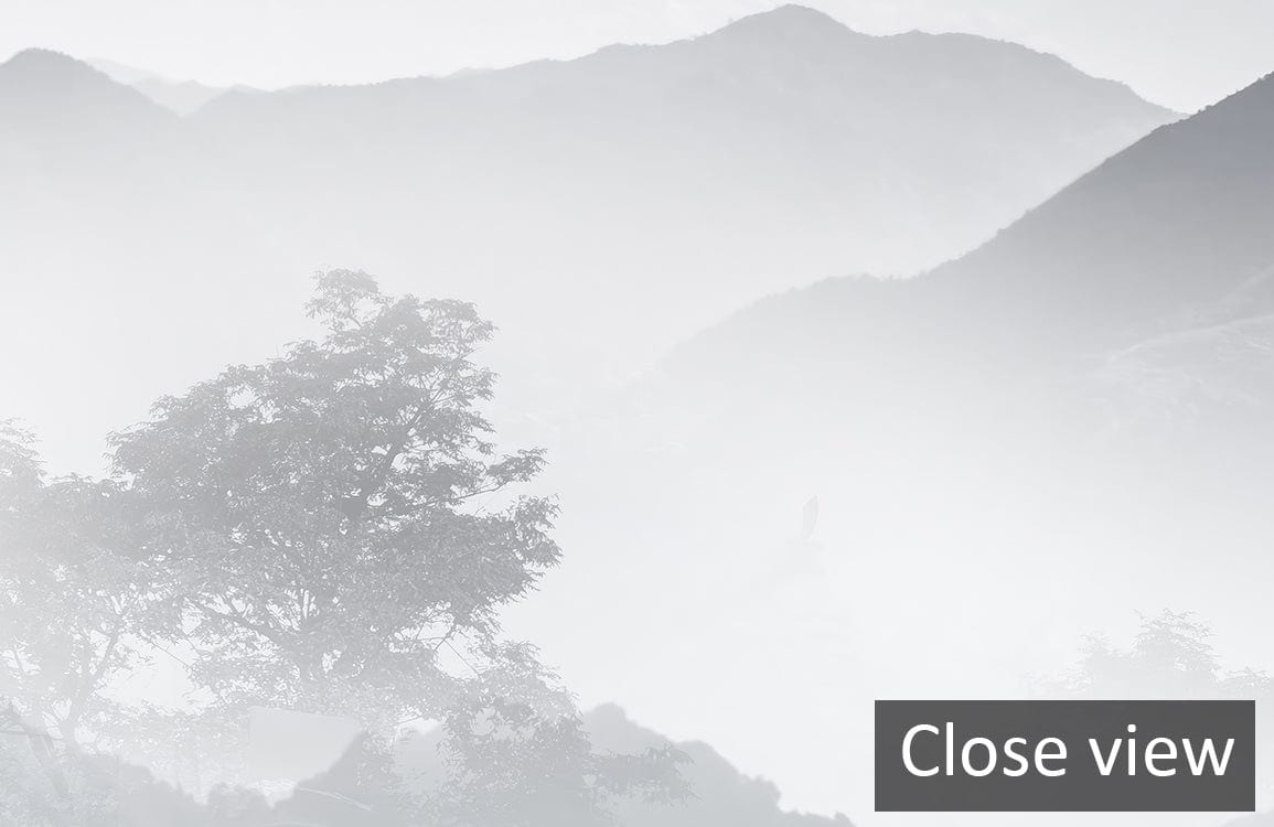 Ethereal Misty Mountain Landscape Mural Wallpaper with calming grey tones, close-up view of design.