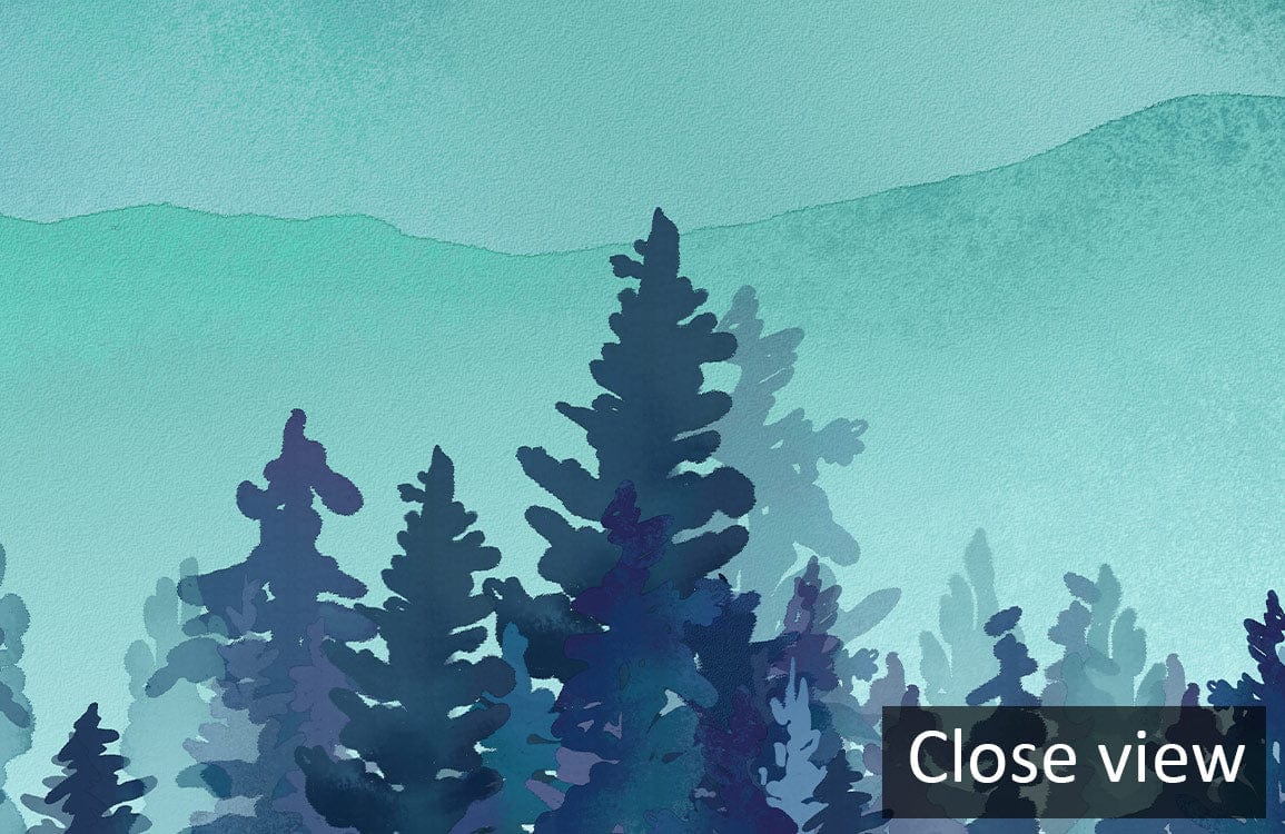 Aqua Green Forest Wallpaper with Misty Mountain Design, featuring detailed trees, serene environment.