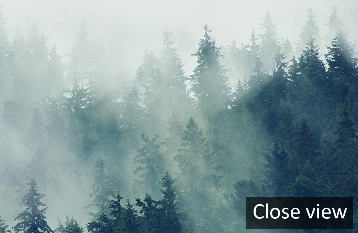 Close-up of Misty Forest Green Scenic Mural Wallpaper by Brand, perfect for serene living spaces.