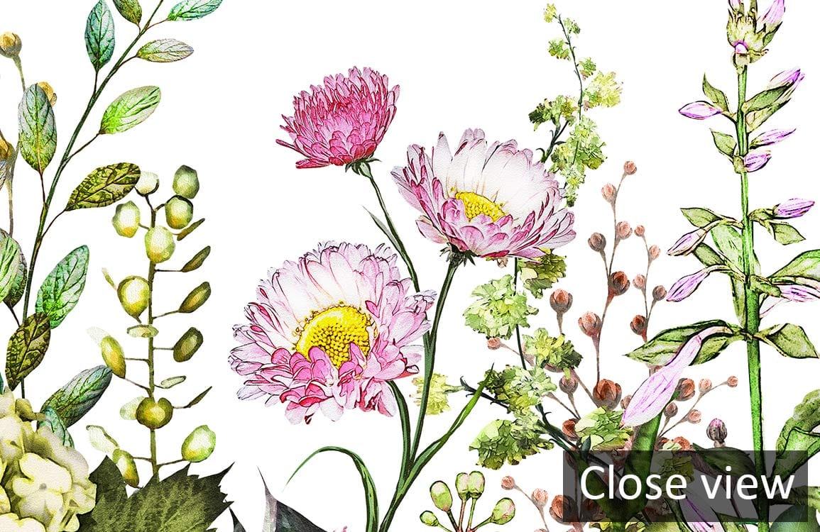 Close view of the Botanical Bliss mural wallpaper featuring pastel floral garden design elements.