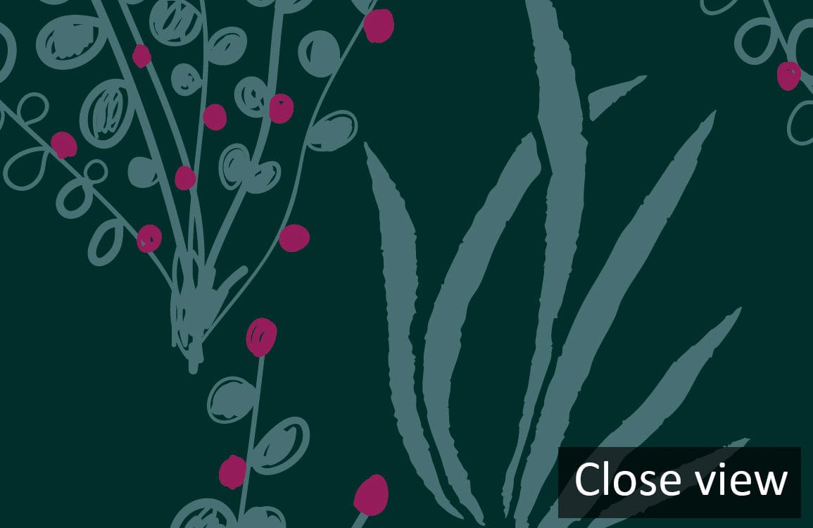 Close-up of dark floral wallpaper mural with botanical greenery-themed pattern; elegant and stylish design.
