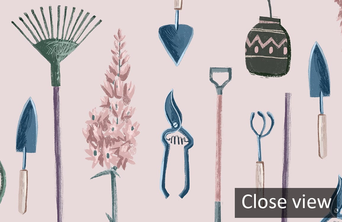 Close-up of vintage botanical wallpaper with garden tools, subtle pastel retro British style pattern.