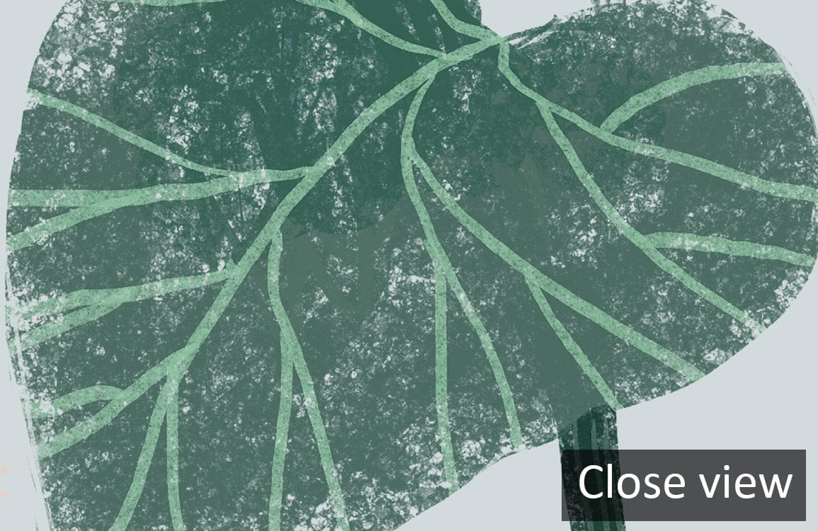 Close-up of Elegant Green Botanical Leaf and Flower Pattern Wallpaper; detailed leaf design.