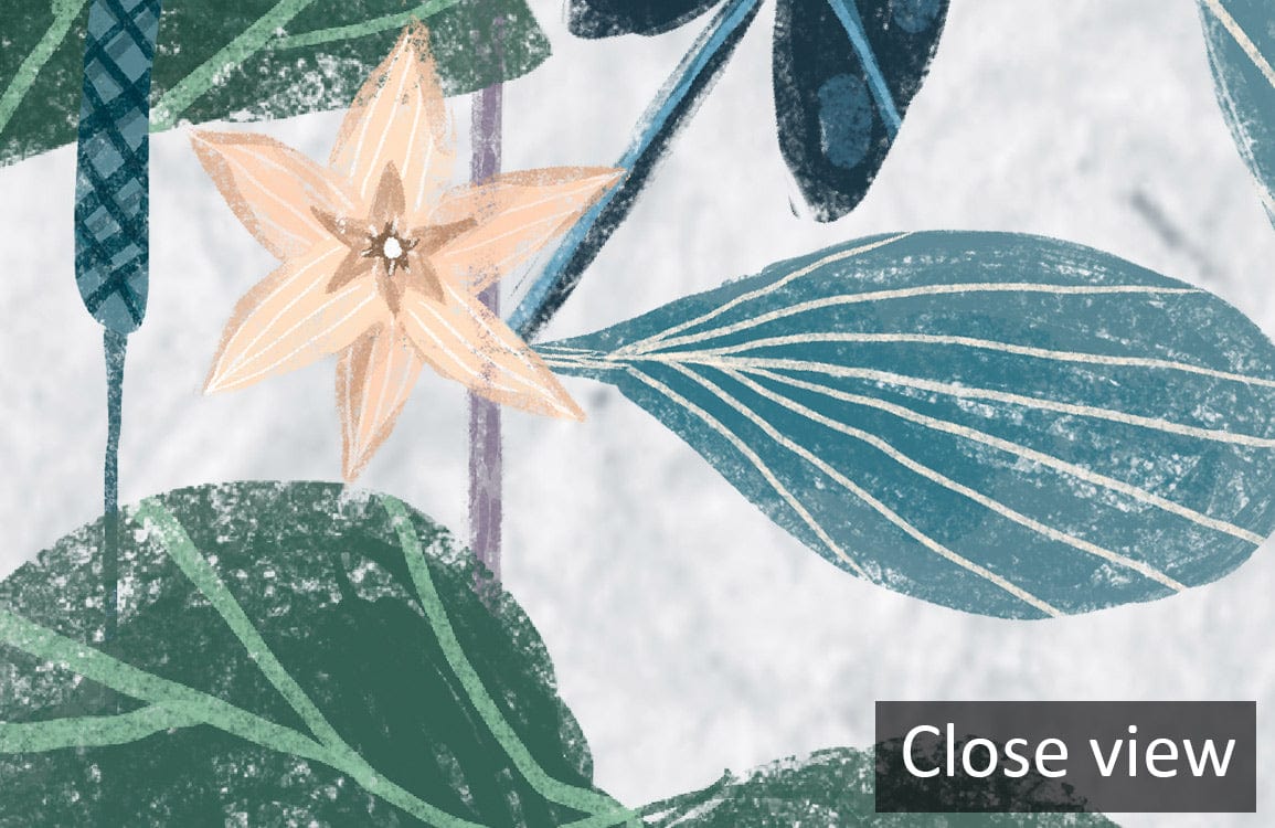 Elegant Lotus Leaves Botanical Wallpaper Mural, green and blue pattern, floral close-up, artistic design.
