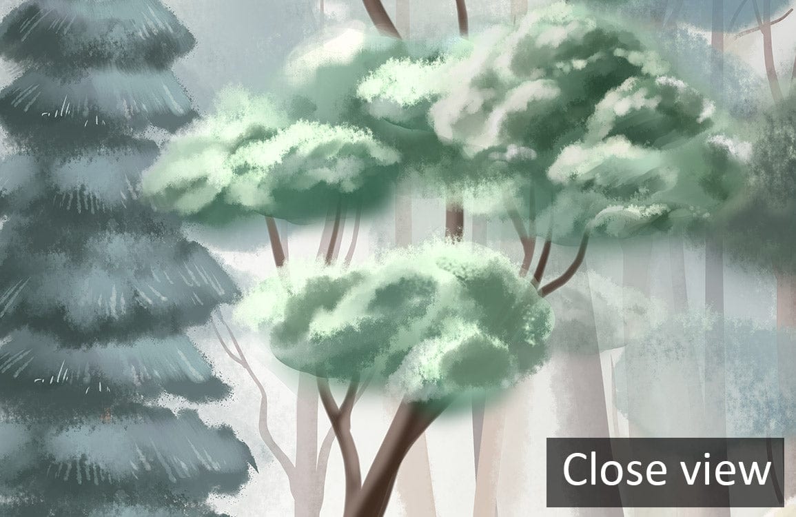 Tranquil Forest Mist Mural Wallpaper, green watercolour trees, scenic design, ideal for serene interiors.