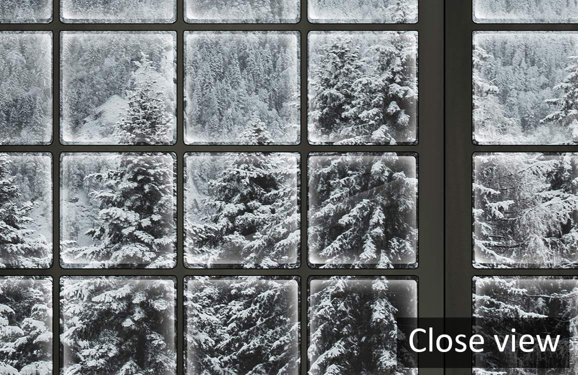 Close view of Panoramic Winter Wonderland Mural Wallpaper, snowy forest design, in-frame window style.