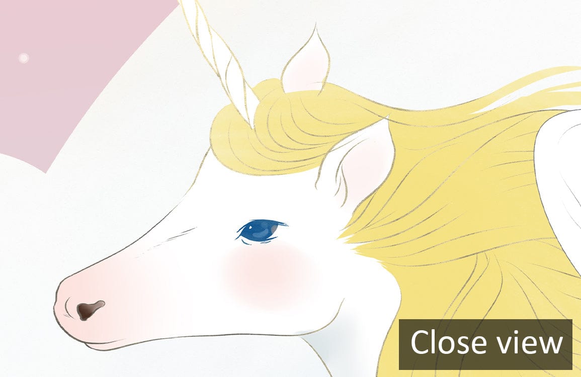 Ethereal Enchanted Unicorn Mural in pastel pink, fantasy landscape, close view, magical decor.
