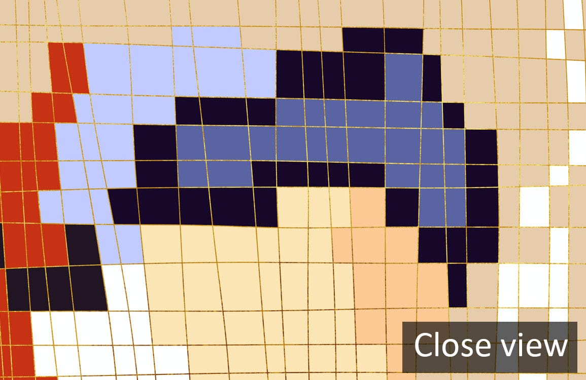 Close-up of vibrant multicolour mosaic wallpaper by Pixel Art, abstract contemporary wall Décor.