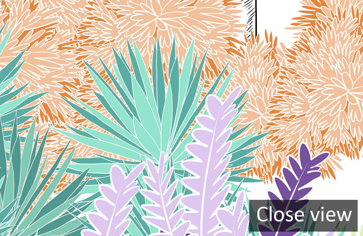 Close-up of vibrant tropical jungle mural wallpaper in pastel colours, depicting lush foliage design.