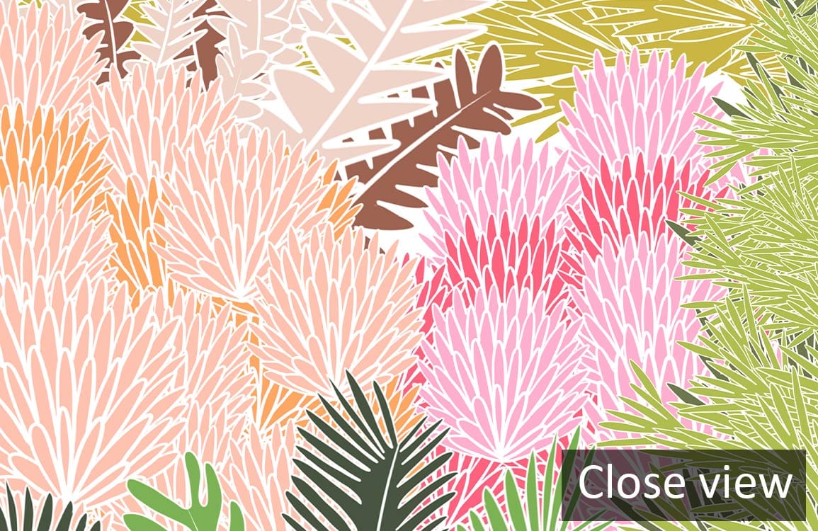 Close-up of the vibrant pastel tropical jungle mural wallpaper featuring lush foliage patterns.