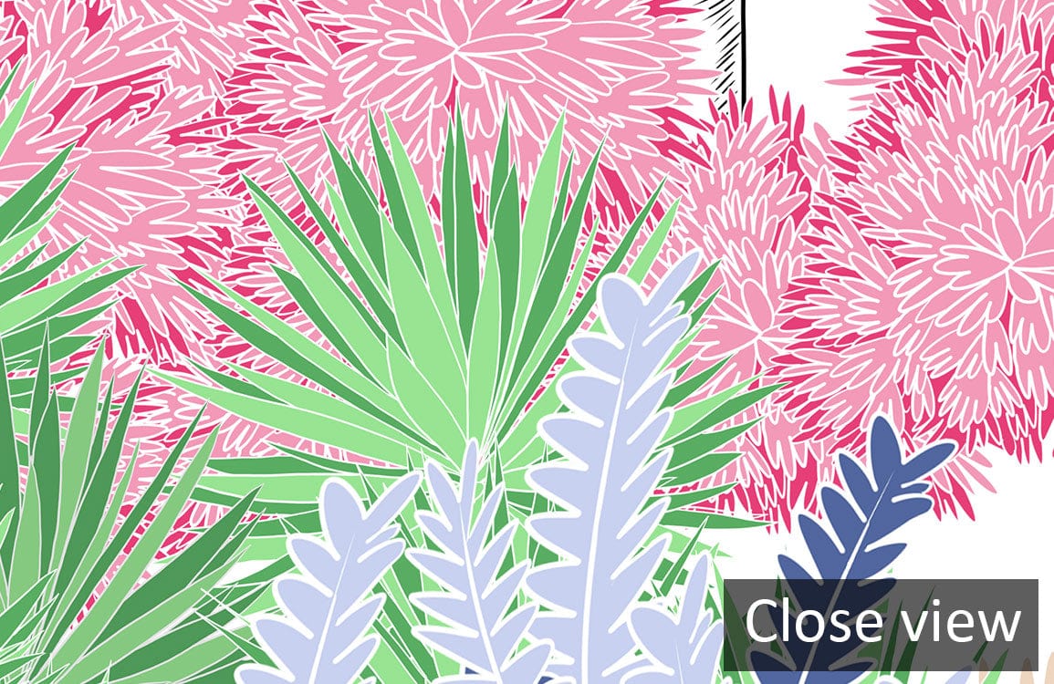 Close-up of Colourful Tropical Jungle Botanical Mural Wallpaper with lush pastel forest design elements.