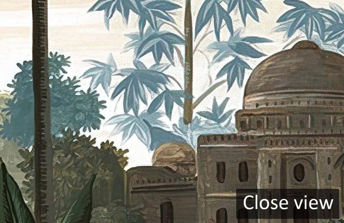Tropical Vintage Palm Landscape Mural in Earthy Tones, featuring serene palm trees and architecture.