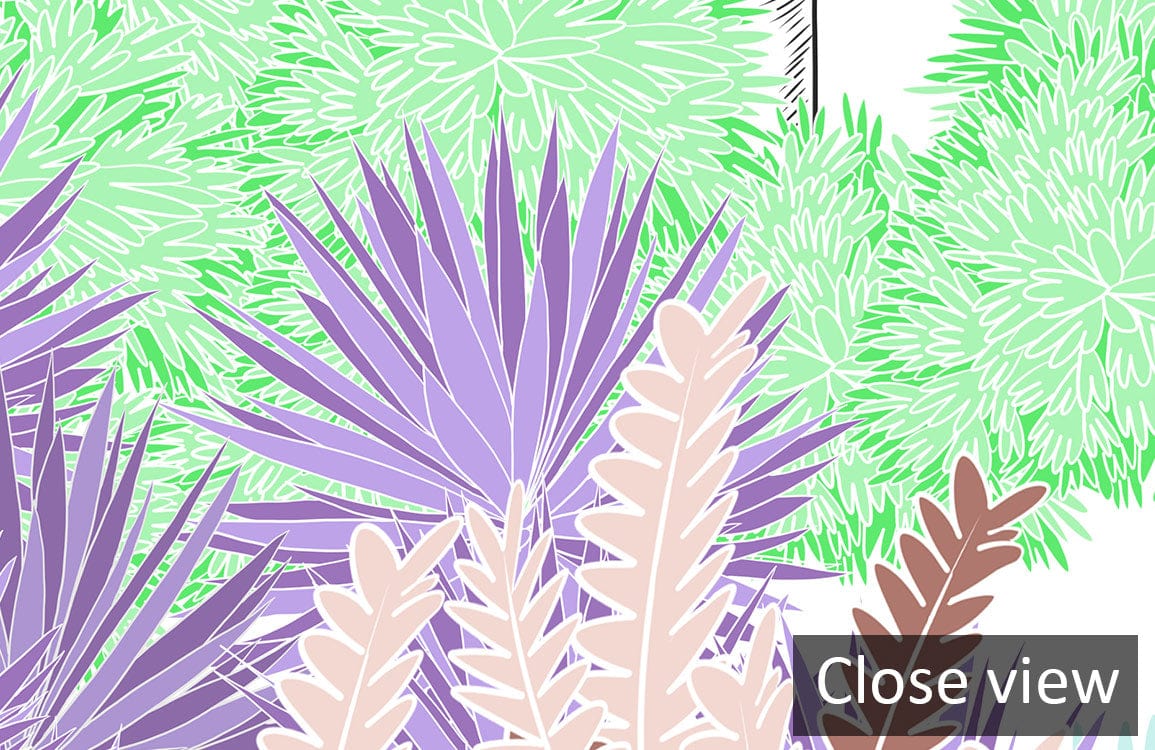 Close-up of Pastel Tropical Botanical Paradise Mural Wallpaper featuring soft, colourful botanical patterns.
