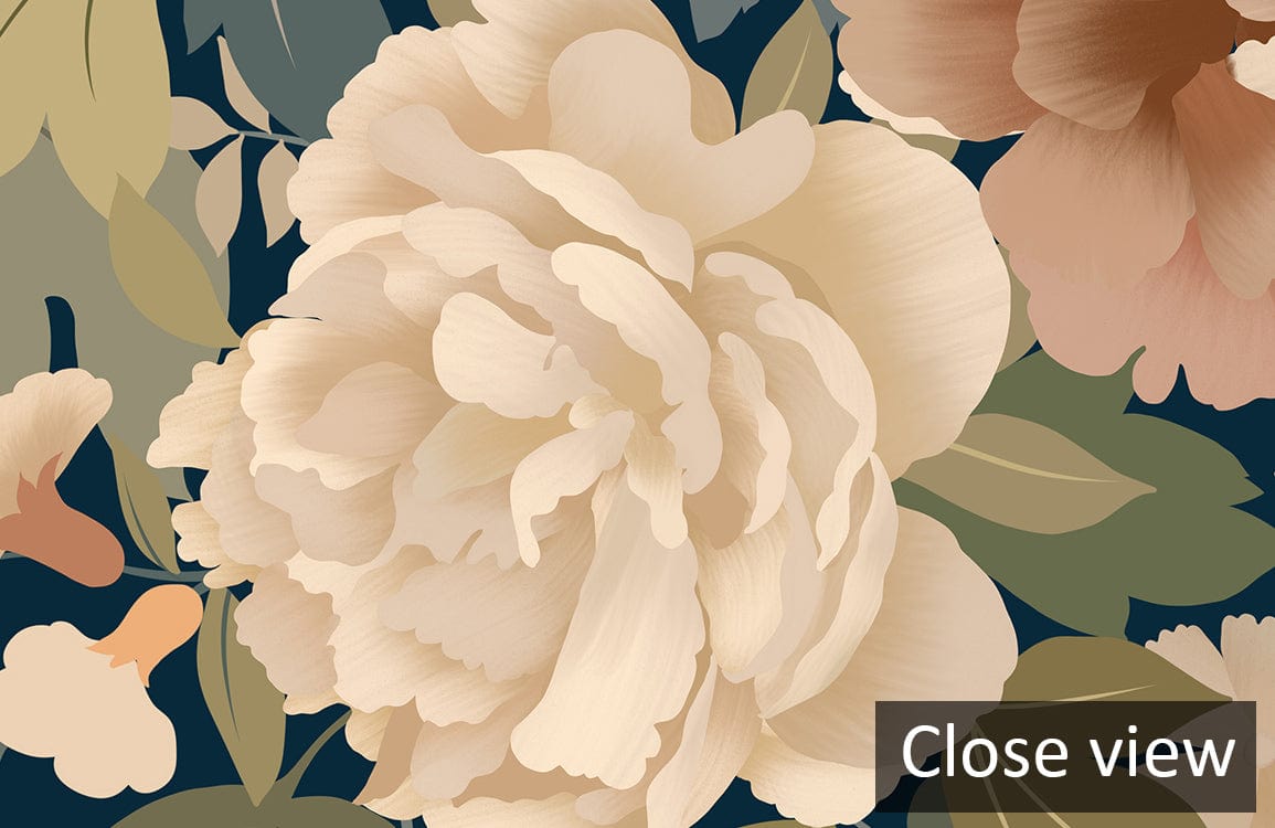 Close-up view of elegant navy floral mural wallpaper with pastel blooms, suitable for living rooms.