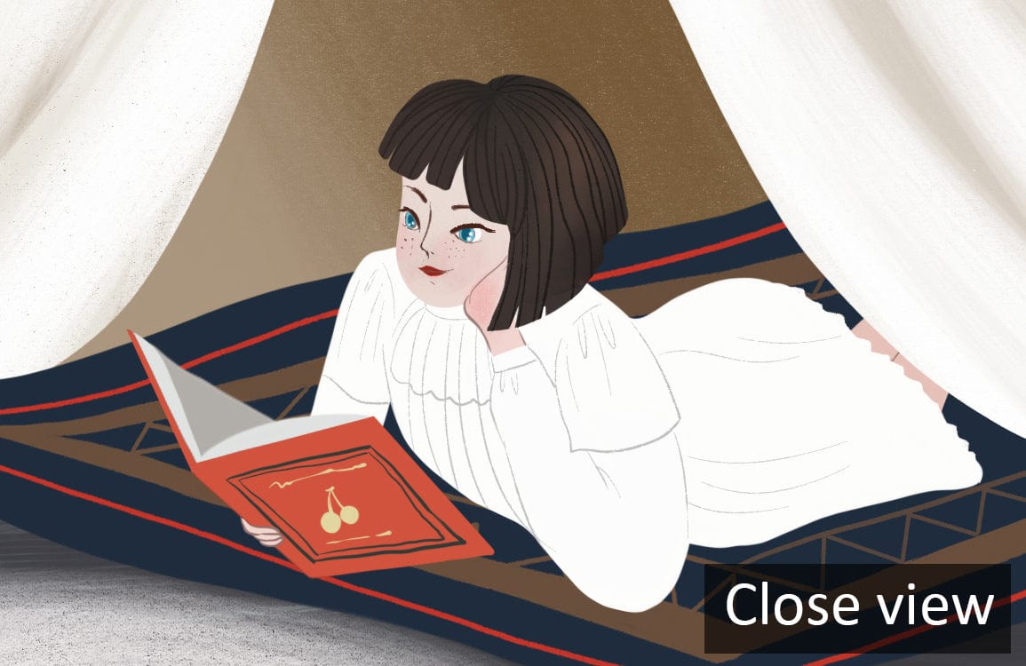 Winter Forest Retreat Mural Wallpaper, tent scene, neutral colours, girl reading, cosy setting.