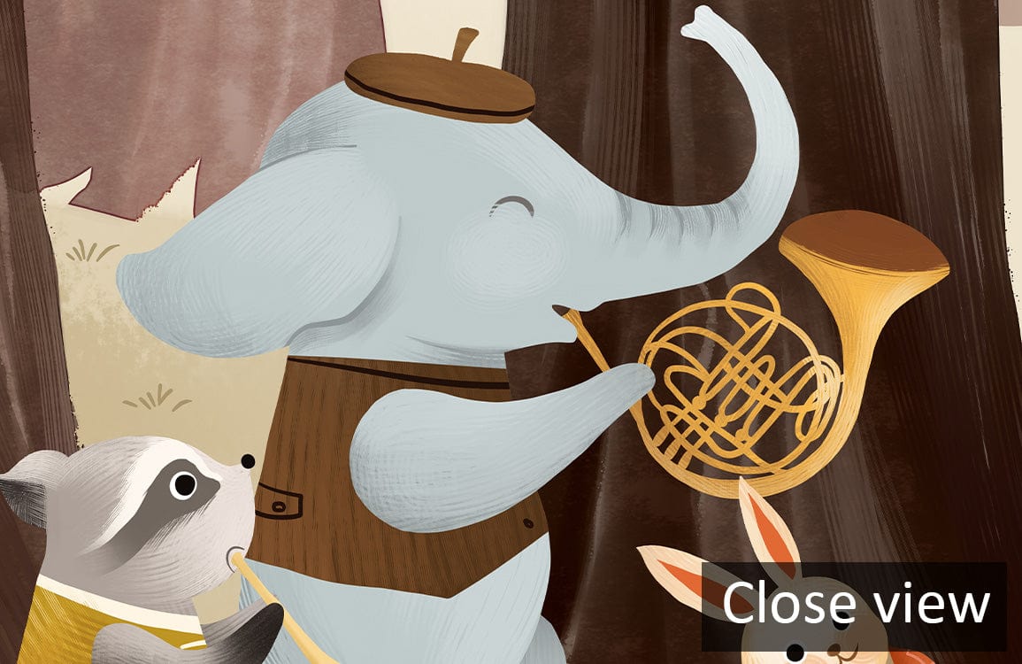 Close-up of Enchanting Woodland Animals Musical Adventure Mural Wallpaper with elephant, raccoon, and French horn.