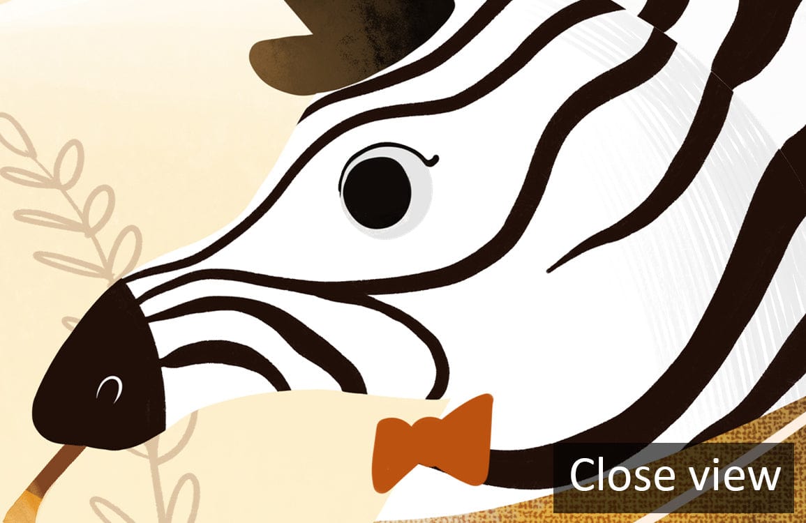 Close-up of Whimsical Forest Animal Band Mural Wallpaper in warm autumn tones. Zebra with bow tie.
