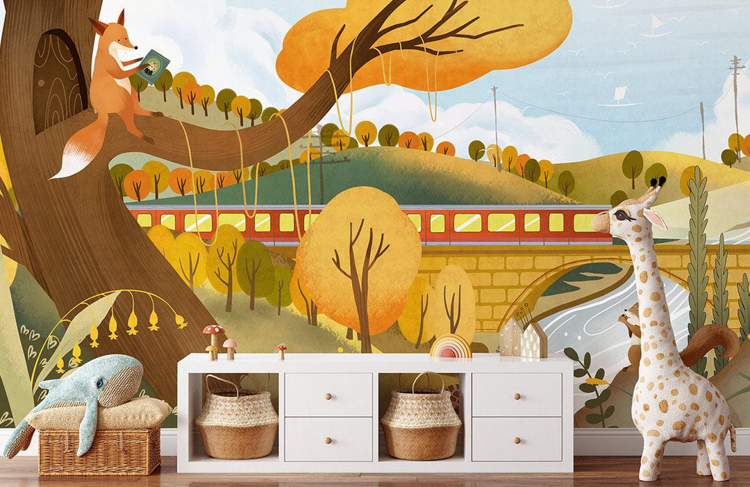 Autumn Woodland Adventure mural wallpaper featuring whimsical fox, train scene, white dresser, and children's room.