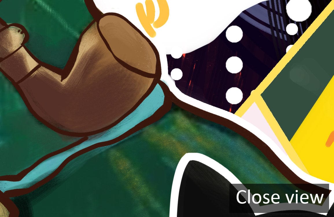 Close-up of Eclectic Cat Art Patchwork Mural: Colourful Abstract Retro Design Wallpaper.