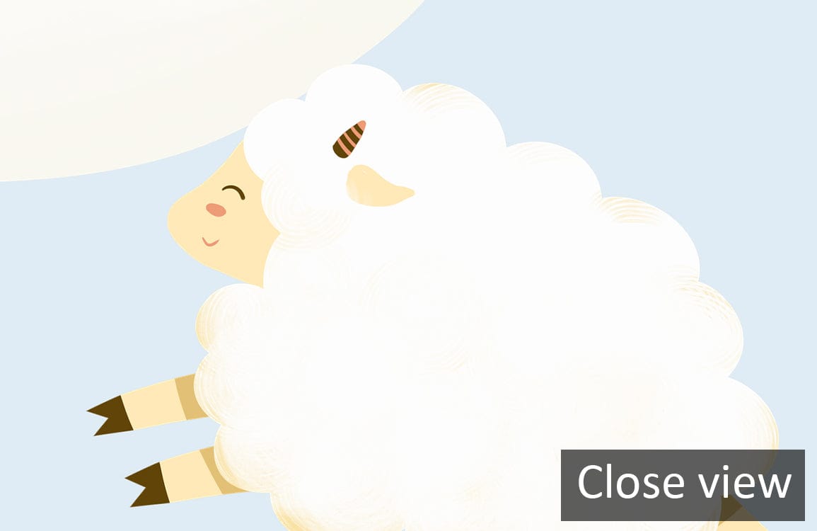 Children's pastel nursery wall mural featuring swan adventure, Dreamy series, playful clouds and soft flooring.