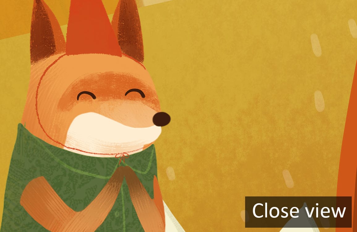 Close-up of Autumn Woodland Creatures Mural, featuring a fox in a green coat, cosy design.