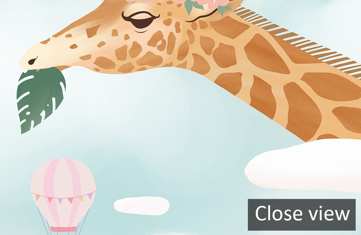 Whimsical giraffe with pastel hot air balloons mural wallpaper, close-up view, dreamy nursery decor.