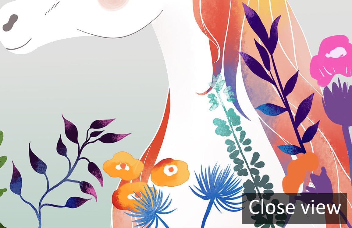 Whimsical rainbow unicorn mural wallpaper, colourful floral design; close view with vivid flowers, magical theme.