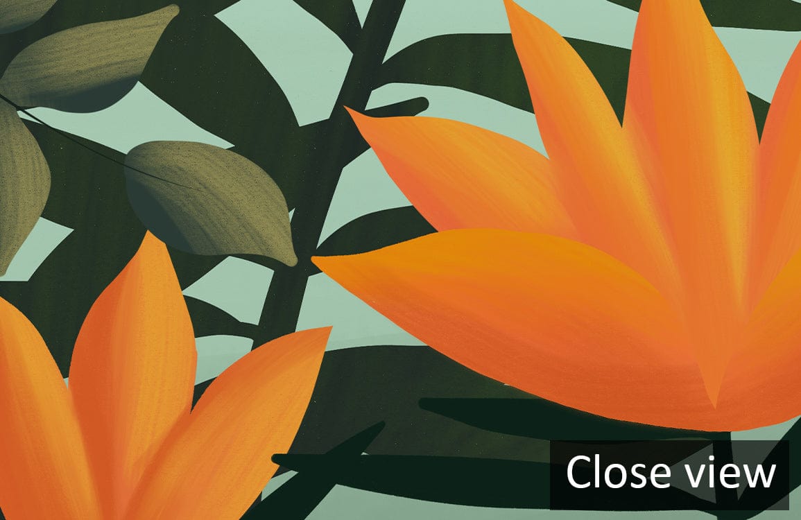 Close view of Tranquil Sunrise Forest Mural Wallpaper, showcasing vibrant green leaves and orange petals.