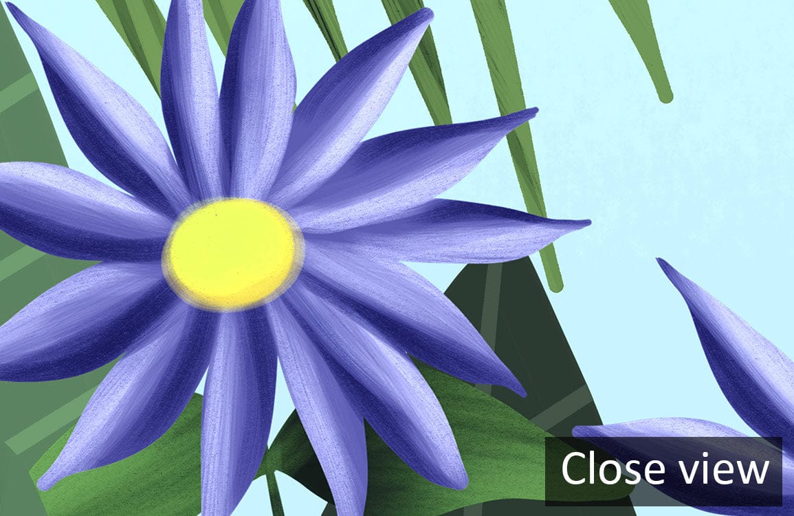 Close-up of Exotic Jungle Safari Mural Wallpaper; vibrant purple flower with lush greenery background.